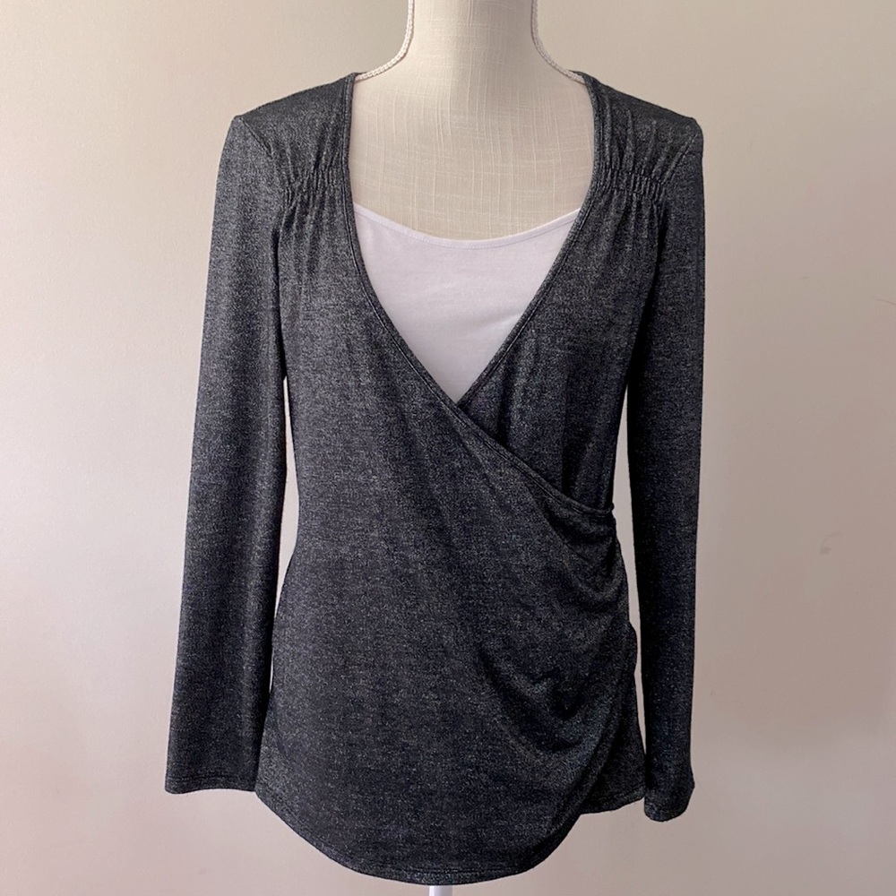 Announcemens maternity women’s black metallic top/blouse Rayon white insert S